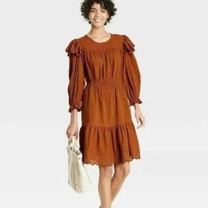 Universal Thread Long Sleeve Ruffle Prairie Dress Rust Brown/Orange Medium Fall